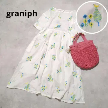graniph 그라니프 원피스 더블 거즈 새 꽃 자수 내추럴