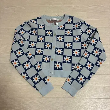 ZARA 데이지 패턴 체크 무늬 깃발 가디건
