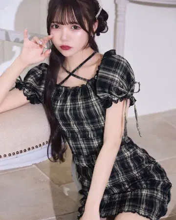 michellMacaron 셔링 체크 미니 원피스