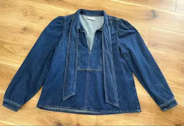 ZARA 데님 블라우스 긴팔 보타이 퍼프 슬리브
