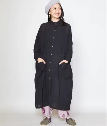밴드 카라 롱 셔츠 블랙 FREE