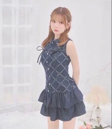 미셸 마카롱 데님 프릴 미니 원피스