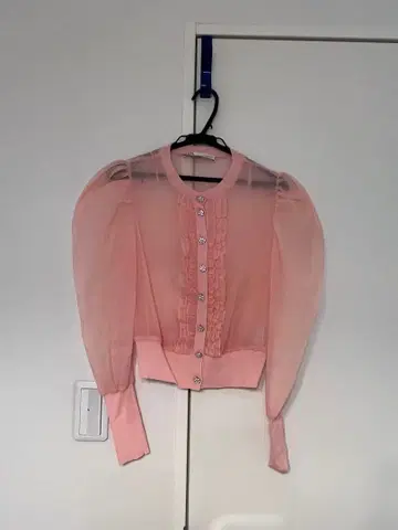ZARA 퍼프 슬리브 시어 가디건 핑크
