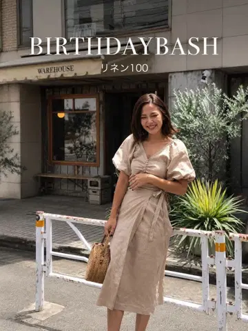 BIRTHDAY BASH 린넨 100% 랩 원피스 퍼프 슬리브 핑크