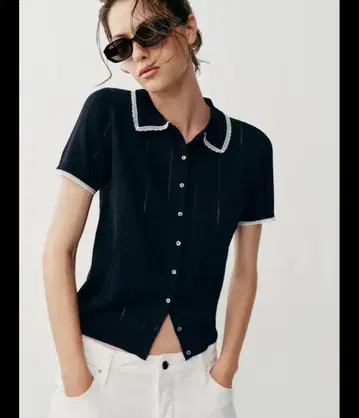 [ 완판템 ] ZARA 레이스 트리밍 숏 슬리브 폴로넥 니트 가디건