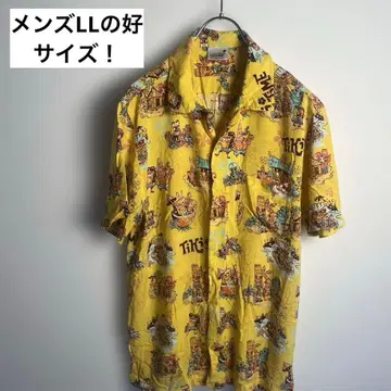 스펀지밥 알로하 셔츠 LL 노랑 레이온 100% 올 패턴 TIKI 캐릭터