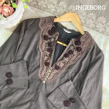 INGEBORG 꽃 플라워 모티브 레이스 블라우스 일본제 브라운