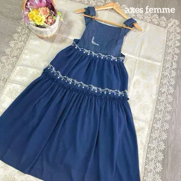 axes femme 새상품 데님 티어드 자수 점퍼 원피스 블루