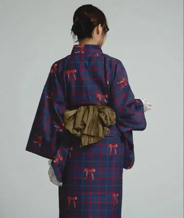 유카타 오비 세트 네이비 체크 리본 무늬