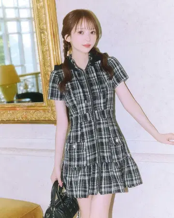 후드 부착 트위드 지퍼 원피스 미셸 마카롱