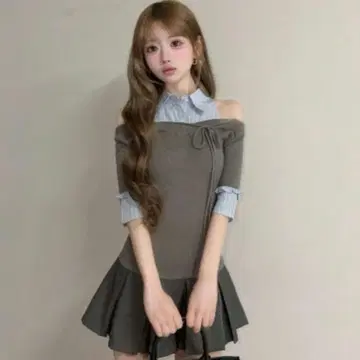셔츠 도킹 오프숄더 플리츠 미니 원피스