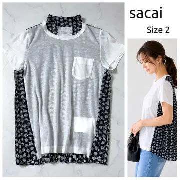 sacai 백 플리츠 쉬폰 T셔츠 린넨 이소재 size 2
