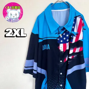 usa 구제 의류 올 패턴 반팔 레이싱 셔츠 2XL 블루 성조기