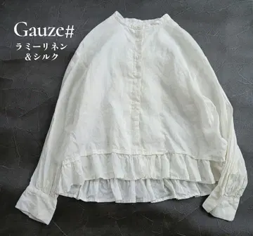 gauze# 거즈 라미 린넨 실크 블라우스 밑단 프릴 밴드 카라 셔츠