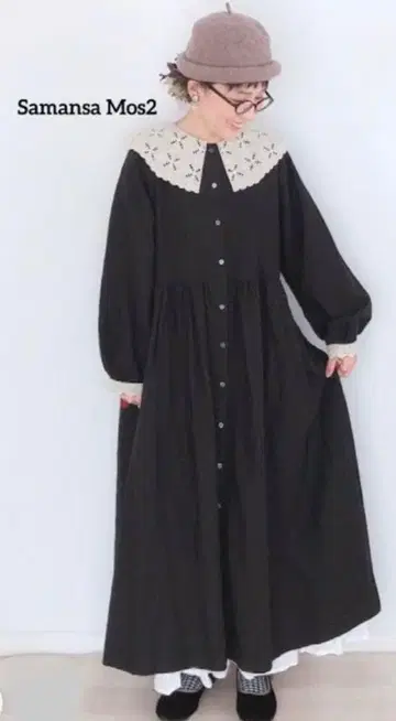 사만사 모스모스 새상품급 쳐치 레이스 린넨 원피스 블랙