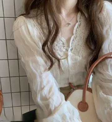 레이스 블라우스 긴팔 화이트 아이보리