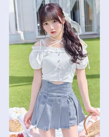 미셸 마카롱 슬림 레그 데님 치마바지 라이트 블루 XS 사이즈