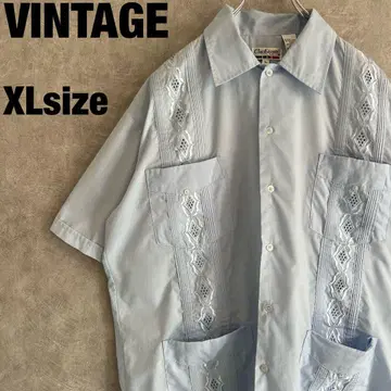 90s 시크 엘레강트 XL 쿠바 셔츠 스카이블루 자수 카니메 구아야베라