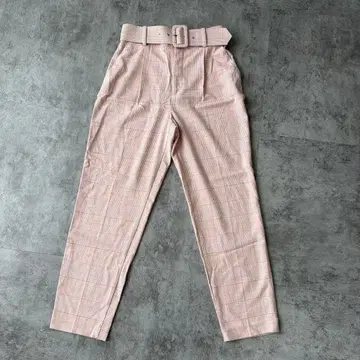 ZARA 벨트 하이라이즈 팬츠 옅은 핑크 체크 무늬