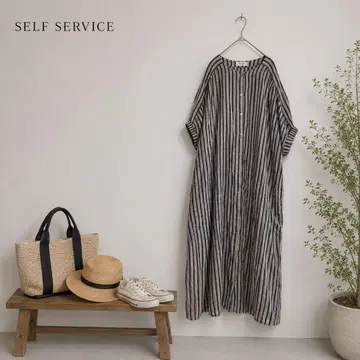 린넨 혼방 SELF SERVICE 루즈핏 노카라 원피스 스트라이프