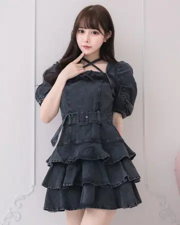 pium 피움 티어드 프릴 미니 원피스 데님 원피스 블랙