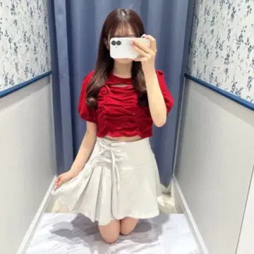 evelyn 드로스트 리본 TP 반팔 체크 에블린 상의