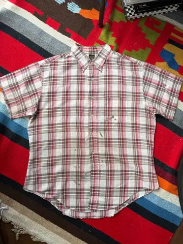 60s Sears TAPER B.D 반팔 체크 셔츠 페인트 튄 보로 L