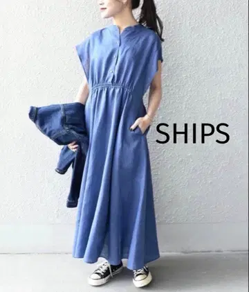 [ SHIPS ] 테레데란 컷오프 칼라 원피스 린넨 100% 블루