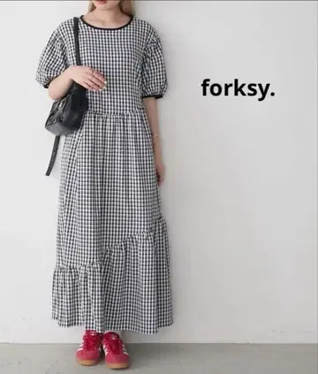 forksy. 깅엄 체크 반팔 롱 원피스 새상품급 퍼프 슬리브