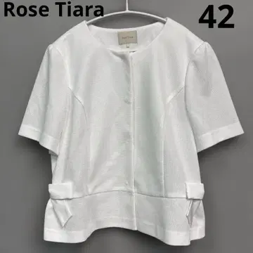 Rose Tiara 리본 화이트 노카라 반팔 자켓 42 XL