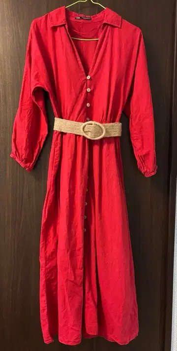 ZARA 린넨 면 빨간색 롱 원피스 레드 벨트 포함