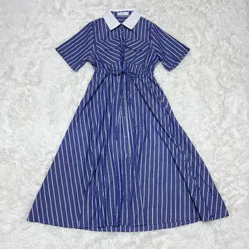 CAWAII 카와이 상쾌한 화이트 카라 스트라이프 셔츠 롱 원피스