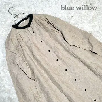 blue willow 블루위로 린넨 바이컬러 턱 롱 원피스