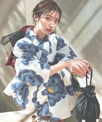 유카타 오비 세트 화이트 베이스 모란 패턴