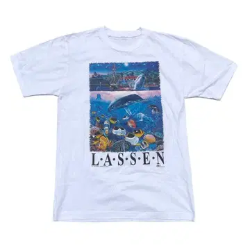 [ 90s ] LASSEN 해양 생물 회화 아트 프린트 T셔츠 화이트