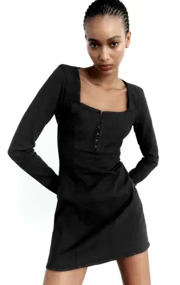 ZARA 블랙 데님 긴팔 미니 드레스 XS