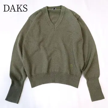 [ 닥스/DAKS ] 긴팔 스웨터 울 자수 로고 카키 무지 V넥 M
