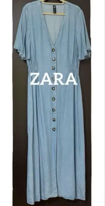 ZARA 데님 원피스 반팔 라이트 블루 V넥 롱 원피스