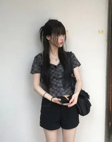 anyonemore 체크 무늬 슬림핏 반팔 가디건