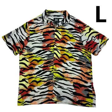 Ed Hardy 호랑이 패턴 오픈 카라 레이온 셔츠 L 레오파드 올 패턴