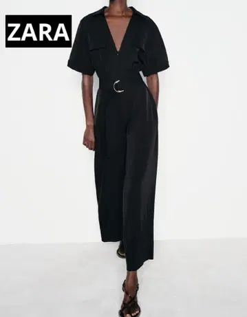 ZARA 벨트 포함 플루이드 점프수트 올인원 여성용 블랙 무지