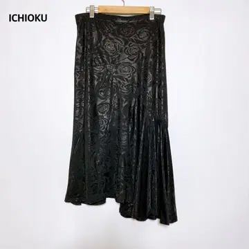 ICHIOKU 로즈 패턴 비대칭 롱 스커트 블랙 밴딩