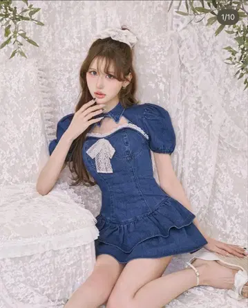 Darich 코르셋 데님 레이스 미니 원피스