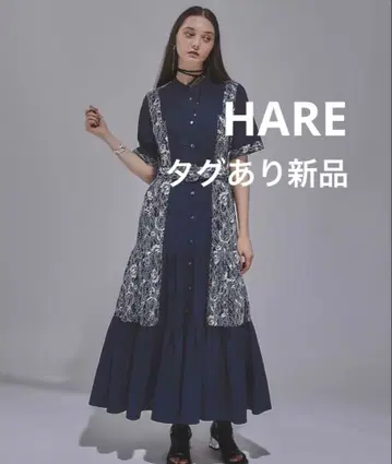 하이 칼라 레이스 절개 원피스 HARE 네이비
