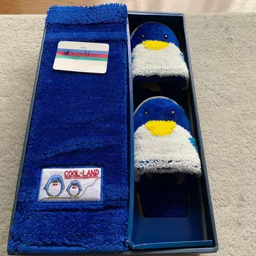 [ 미사용 ] 쇼와 레트로 산하트 펭귄 욕실 매트 & 슬리퍼 세트 파랑