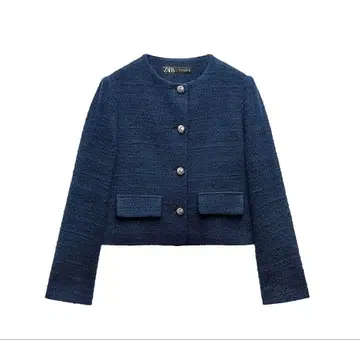 택 포함 새상품! ZARA 메탈 버튼 노카라 트위드 자켓 네이비 M