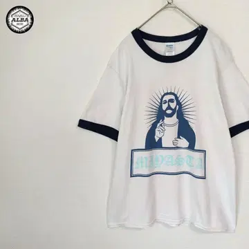 링거 T셔츠 90s 빈티지 빅 프린트 화이트 네이비 S 반팔
