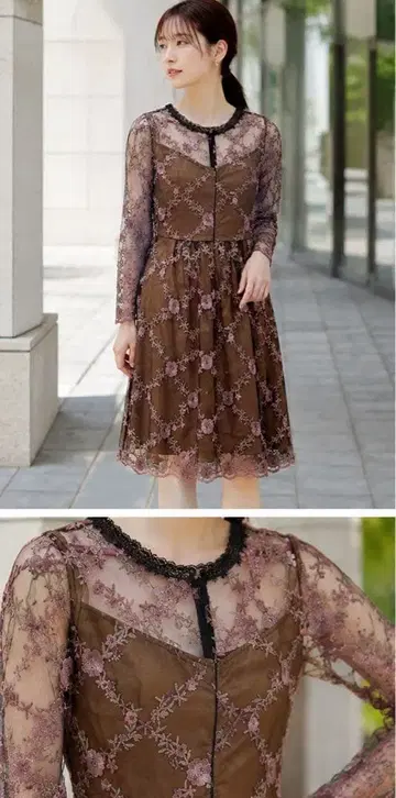 에밀리아 위즈 꽃무늬 자수 레이스 원피스 브라운 캬바쿠라 드레스 야쇼쿠