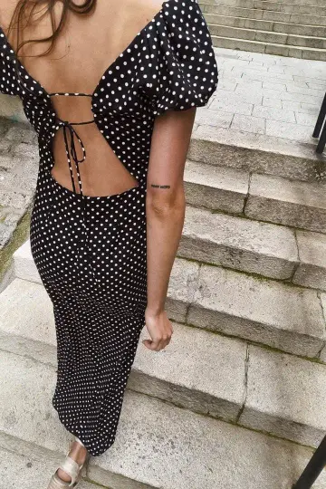택 포함 ZARA 도트 무늬 백 오픈 롱 원피스 퍼프 슬리브 블랙 화이트