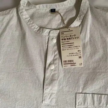 MUJI 냉감 헨리넥 반팔 면 혼방 T셔츠 아이보리 체크 M
